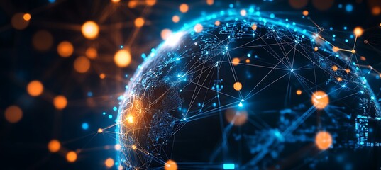 Poster - A futuristic image of a digital globe with interconnected business hubs, glowing brightly against a dark background, representing global business