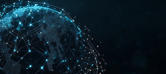 Poster - A futuristic image of a digital globe with interconnected business hubs, glowing brightly against a dark background, representing global business