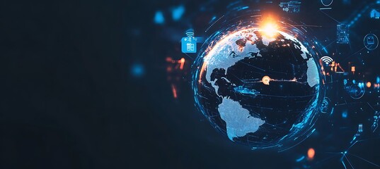 Poster - A futuristic image of a digital globe surrounded by business-related icons, glowing brightly against a dark background, symbolizing global business strategy