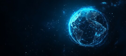 Poster -  A futuristic image of a digital globe with interconnected business hubs, set against a dark background with glowing elements
