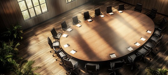 Poster -  A high-angle view of a business conference room with a large table and chairs arranged in a circular pattern, set in a modern office space, representing collaboration and teamwork