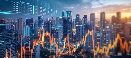 Poster - a high-angle view of a busy financial district with digital overlays showing stock prices and market
