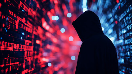 Wall Mural - A data breach with unauthorized access, a dark silhouette of a hacker against a backdrop of abstract, digital cyberspace. The essence of cybercrime highlights the threat of hacking