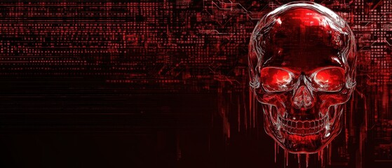 Advanced AI cyber threat concept glowing red digital skull over binary code background futuristic design cybersecurity attack representation highly detailed