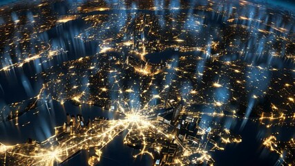 Poster - Global Network at Night: A mesmerizing aerial view of a sprawling metropolis illuminated at night, showcasing the intricate network of interconnected city lights.