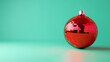 © Thiago - Red mirrored disco ball ornament reflecting light on light green background, festive decoration concept , disco ball. Mirrored. Illustration