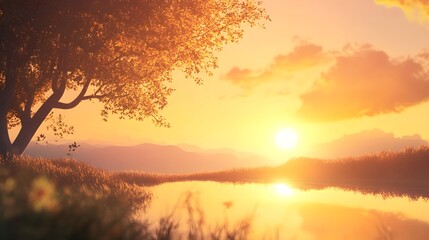 Poster - Serene Sunset Over Tranquil Lake Surrounded By Lush Greenery and Majestic Mountains Captured in a Dreamy Landscape Scene