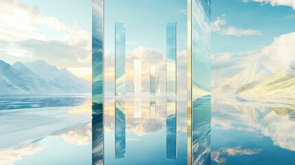 Wall Mural - Surreal landscape mirrored rectangular shapes with reflection in water 3d render futuristic fantasy picture travel to the future illustration wallpaper poster generative ai. Mirrored. Illustration