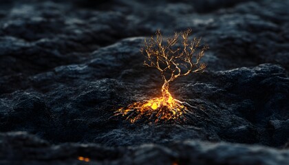 Poster - Glowing Tree of Life Emerging from Dark Lava Landscape Symbolizing Resilience, Hope, and Nature's Unyielding Spirit in a Volcanic Environment