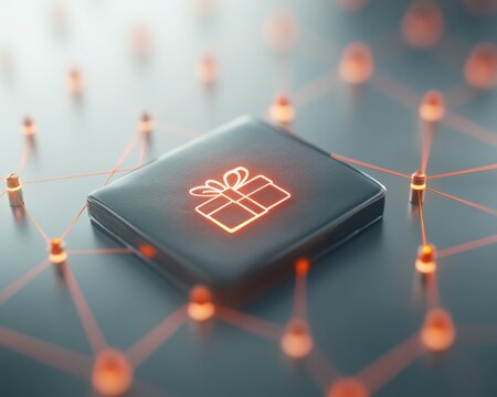 A digital gift icon surrounded by glowing nodes symbolizing connectivity.