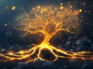 Aufkleber - Enchanting Glowing Tree with Illuminated Roots Surrounded by Mystical Atmosphere and Soft Bokeh Effects for Nature or Fantasy Themed Projects