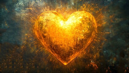 Poster - Radiant Golden Heart Symbolizing Love and Passion with Vibrant Energy Surrounding it, Perfect for Romantic or Inspirational Themes in Various Designs