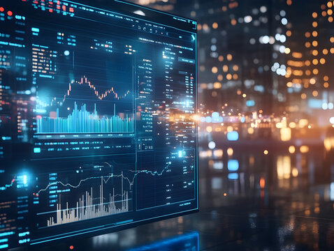 A blurred background with a blue finance graph and investment bar, showcasing growth and success in the market with technology currency reports chart. Business stock world economy AI computer