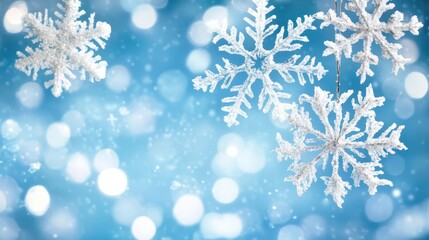 Poster - Beautiful Winter Snowflakes Against a Sparkling Blue Background During a Freeze Warning