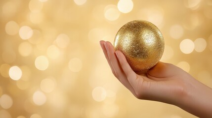 Aufkleber - Elegant Hand Holds a Shimmering Golden Globe Against a Soft, Glowing Background