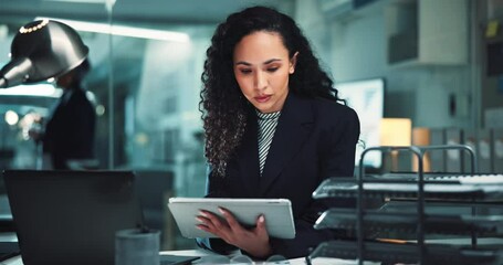 Poster - Laptop, business woman and tablet at desk for investment deal, commercial broker and checking report at night. Account agent, professional and digital app for portfolio review and project negotiation