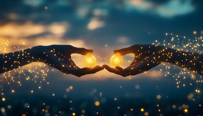Poster - Hands Reaching Out with Glowing Orbs Against a Dreamy Sunset Background, Symbolizing Connection, Energy, and Inspiration in a Digital World