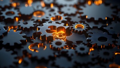 Leinwandbilder - Close-up View of Interlocking Gears with Warm Glowing Light Emphasizing the Intricacies of Mechanical Engineering and Industrial Design in a Dark Backdrop