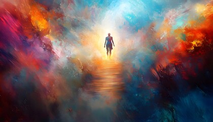 Poster - Ethereal Journey of a Figure Emerging from a Vast Colorful Dreamscape, Surrounded by Vibrant Hues of Red, Blue, and Orange in a Mystic Encounter with Light