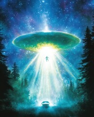 Poster - Man Lifted Into the Night Sky by a Beam of Light From a Flying Saucer Above a Car