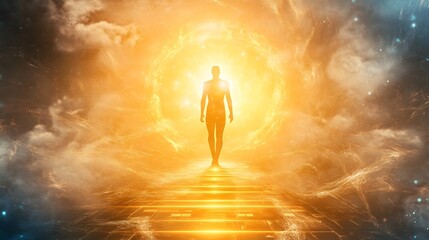 Aufkleber - Ethereal Journey of a Silhouette Walking Towards a Brilliant Light With a Heavenly Atmosphere Filled With Clouds and Cosmic Elements