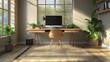 © ArtCookStudio - Stylish home office featuring a desk, computer, and lush plants in a sunny room