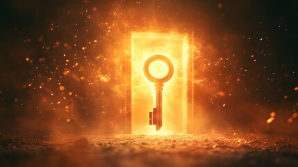 Aufkleber - Mystical Key and Glowing Door Concept Symbolizing Opportunity, Discovery, and New Beginnings in a Magical, Enchanting Environment Filled with Light and Particles
