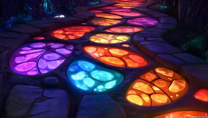 Poster - Colorful Glowing Pathway with Artistic Stone Design, Illuminated with Vibrant Purple, Blue, and Orange Hues Surrounded by Lush Greenery in a Fantasy Landscape