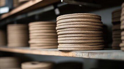 Poster - A detailed shot of a neatly rolled Ethernet cable placed on an office shelf