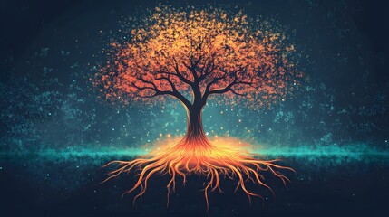 Aufkleber - Vibrant Autumn Tree with Bright Orange Leaves and Deep Roots Illuminated by Mystical Light in a Dreamy Background