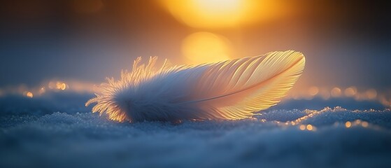 Wall Mural - Feather is on the snow. The feather is white and it is on the snow. The snow is blue and the sun is shining on the feather