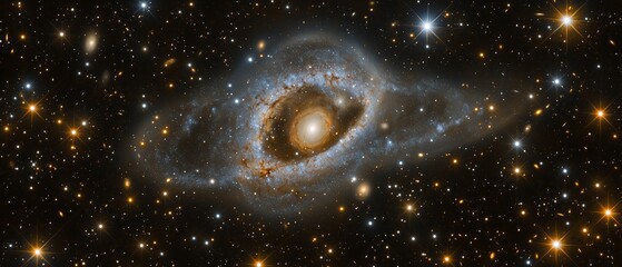 galaxy with a bright yellow star in the center. the stars are scattered throughout the galaxy. the g