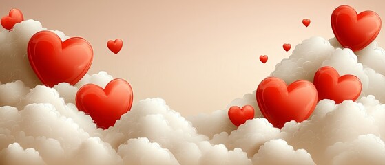 Poster - Heart-filled sky with clouds and a red heart in the center. The sky is filled with many red hearts, creating a romantic and dreamy atmosphere