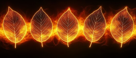 Poster - line of five leaves with a yellowish orange glow. the leaves are arranged in a row and appear to be 