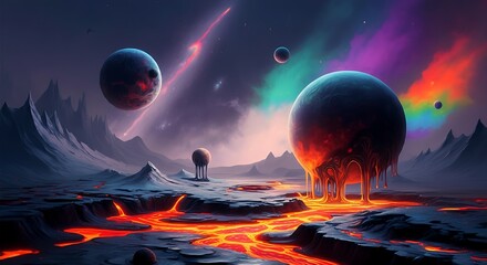 Wall Mural - a cosmic landscape with melting planets and rainbow galaxies, glowing under a blacklight.