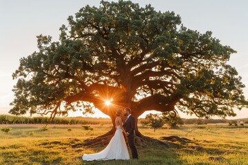 Romantic couple sharing a moment under a large tree at sunset during their wedding ceremony