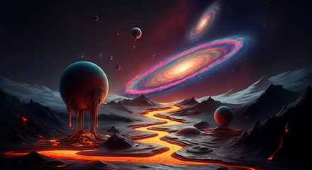 Wall Mural - a cosmic landscape with melting planets and rainbow galaxies, glowing under a blacklight.