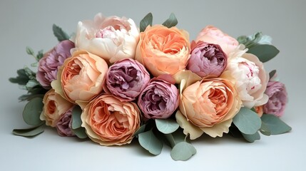 Wall Mural - Beautiful arrangement of pastel roses and peonies with greenery on a light background