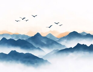 Wall Mural - Misty blue mountainscape with birds in flight at sunrise.