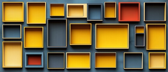 Poster - Wall of boxes with yellow and blue frames. The boxes are arranged in a way that creates a sense of depth and dimension. The colors of the boxes and frames create a vibrant and playful mood