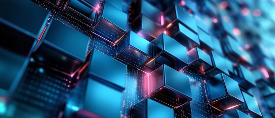 Poster - the image is a computer chip that is blue and pink. it is a close up of the chip, showing the intric