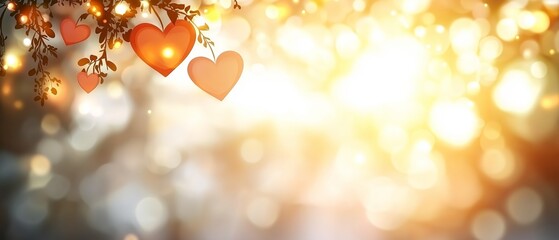 Poster - Blurry image of three hearts hanging from a tree branch. The image has a romantic and dreamy mood, with the hearts symbolizing love and the tree branch representing nature