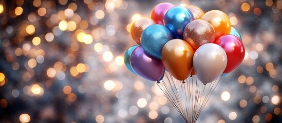 A close-up of colorful balloons floating against a sparkling, festive backdrop.