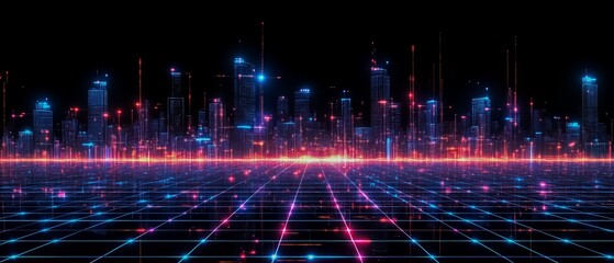 Poster - Cityscape with a lot of lights and a lot of buildings. The city is lit up and it looks like it's nighttime