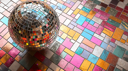 a classic disco ball with a reflective surface and a colorful array of mirrored tiles. mirrored. ill