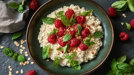 Sticker - Oatmeal topped with fresh raspberries and basil in a stylish bowl on a dark surface