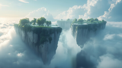 Wall Mural - Floating islands amidst soft clouds create a dreamlike landscape bathed in sunlight