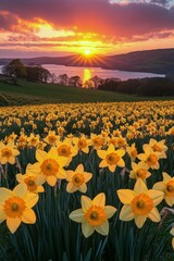 Wall Mural - vibrant daffodil field at sunset showcasing natures beauty and tranquility
