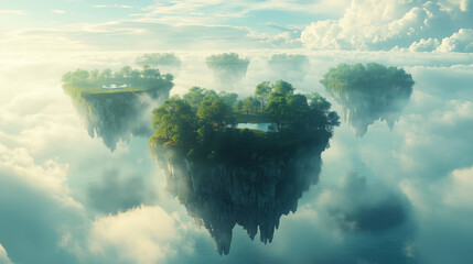 Wall Mural - Floating islands drift serenely through a dreamlike sky filled with clouds and greenery