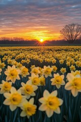 Wall Mural - vibrant daffodil field at sunset showcasing natures beauty and tranquility